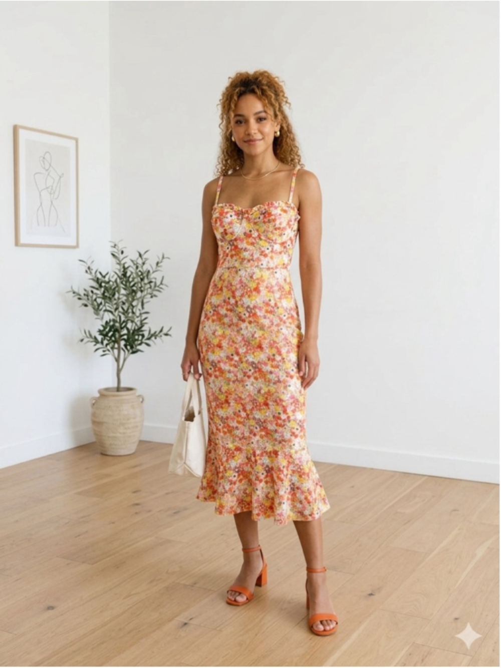 Hutch Multi Color Floral Midi Dress XS Sweetheart Ruffle Hem Sheath Wedding Gues